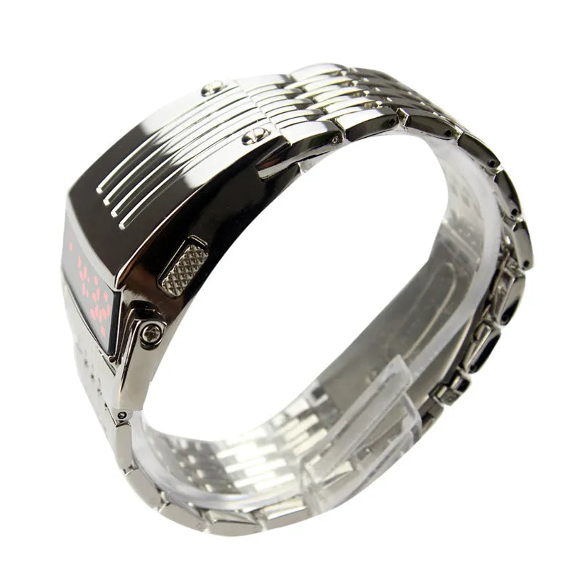 LCD Iron Man LED watch with blue red light display, black case, adjustable strap on wrist