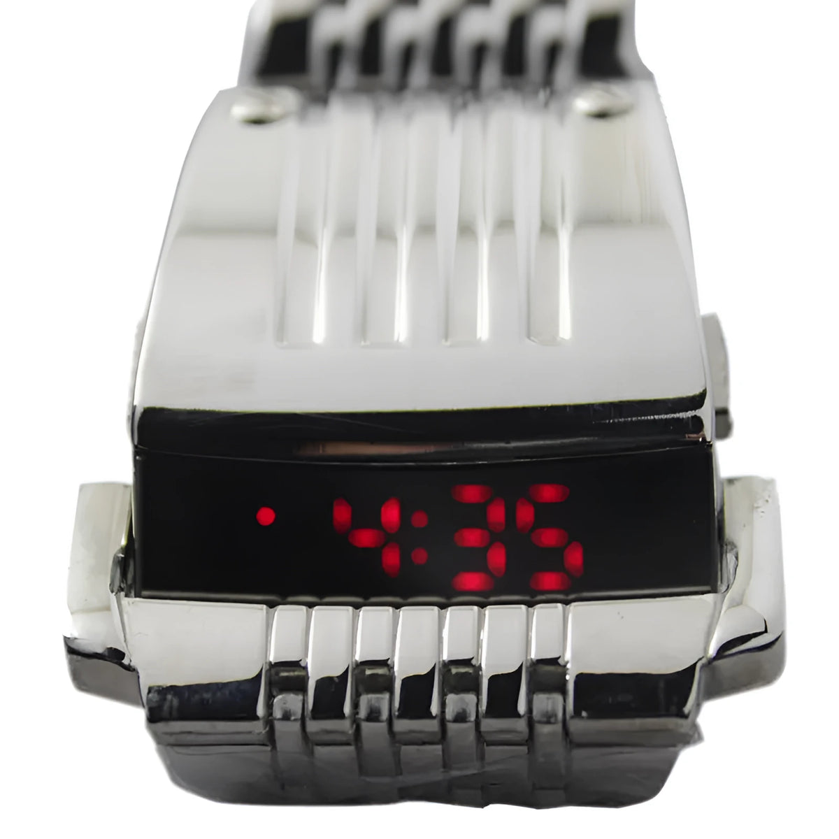 LCD Iron Man LED watch with blue red light display, black case, adjustable strap on wrist