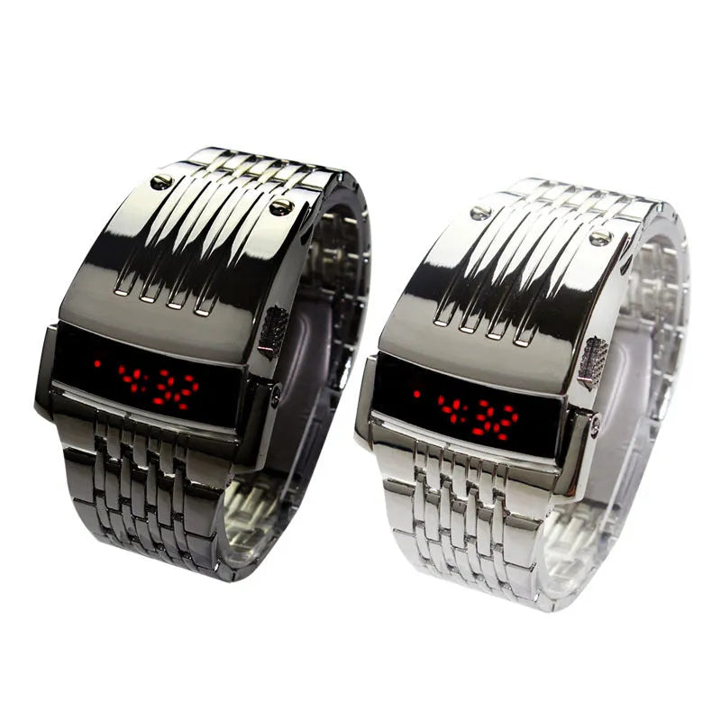 LCD Iron Man LED watch with blue red light display, black case, adjustable strap on wrist