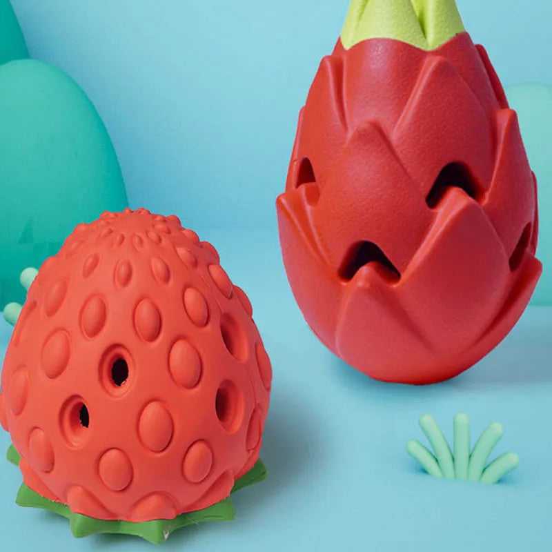 Soft rubber dog chew toy for teeth cleaning in Dragon fruit 85x128mm or Strawberry 82x98mm shape