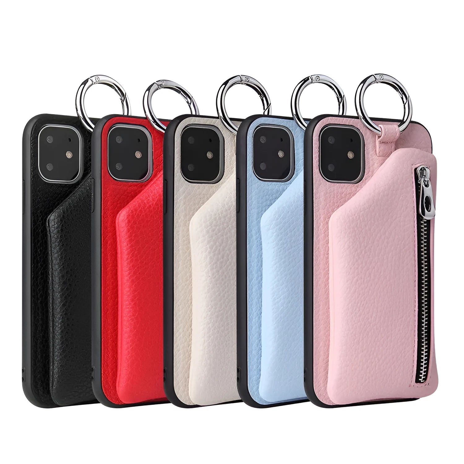 Imitation leather crossbody phone case with attached lanyard and a card slot on the back, shown in pink.