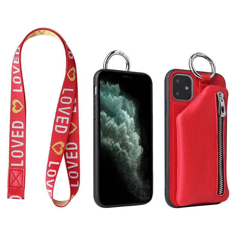 Imitation leather crossbody phone case with attached lanyard and a card slot on the back, shown in pink.