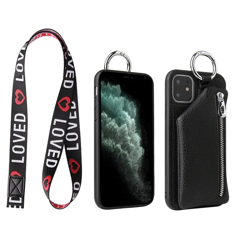 Imitation leather crossbody phone case with attached lanyard and a card slot on the back, shown in pink.