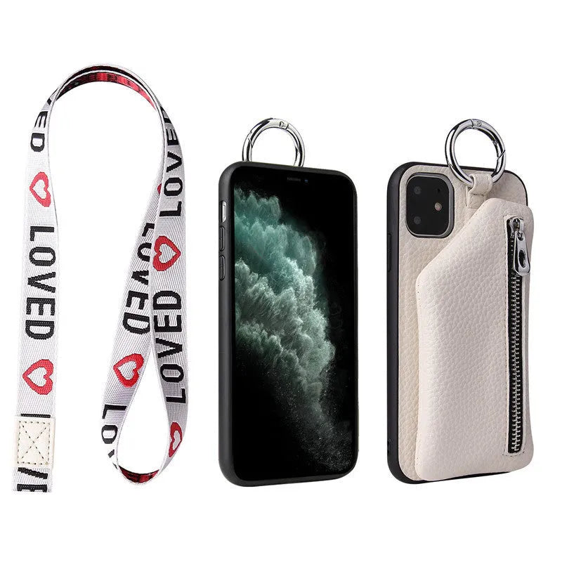 Imitation leather crossbody phone case with attached lanyard and a card slot on the back, shown in pink.