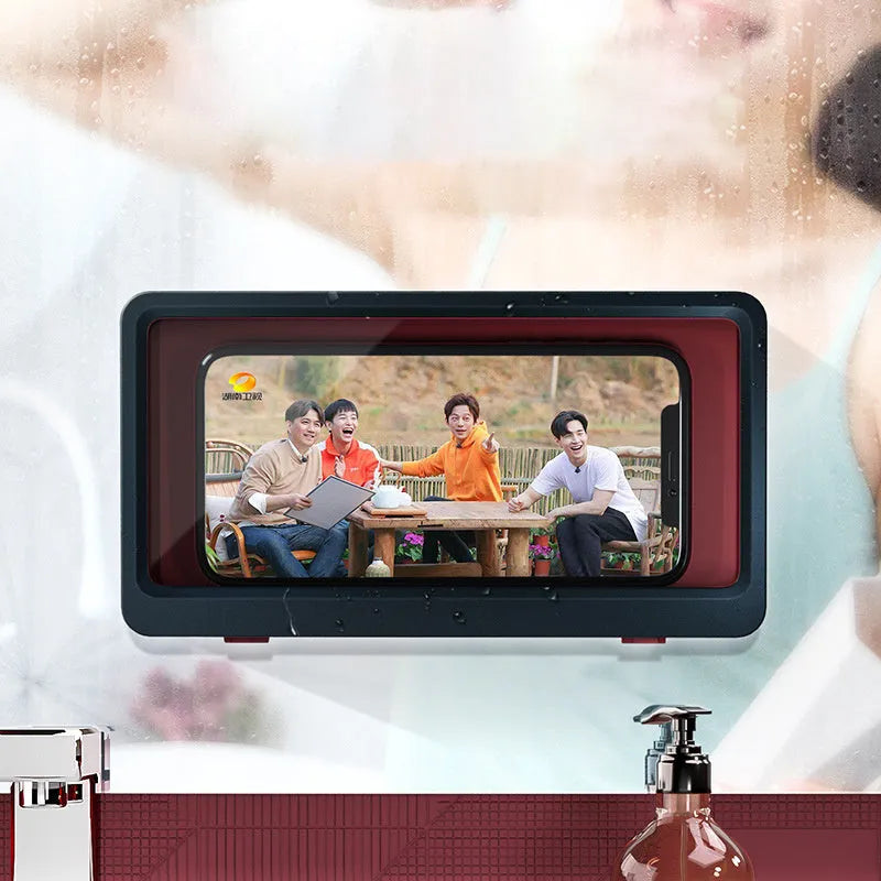 Waterproof bathroom phone holder mounted on tile with mobile phone inserted