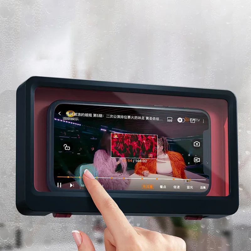 Waterproof bathroom phone holder mounted on tile with mobile phone inserted
