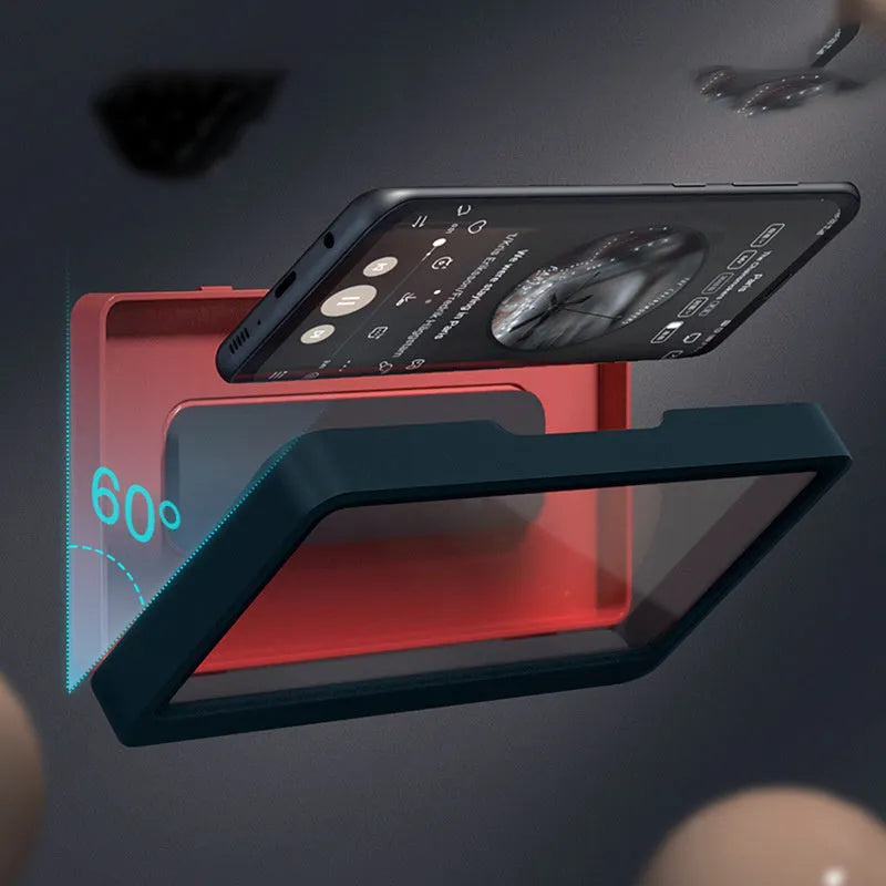 Waterproof bathroom phone holder mounted on tile with mobile phone inserted