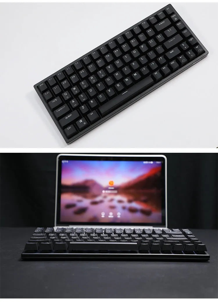 RK526 wireless mechanical keyboard and mouse set with USB transmitter and charging cable.