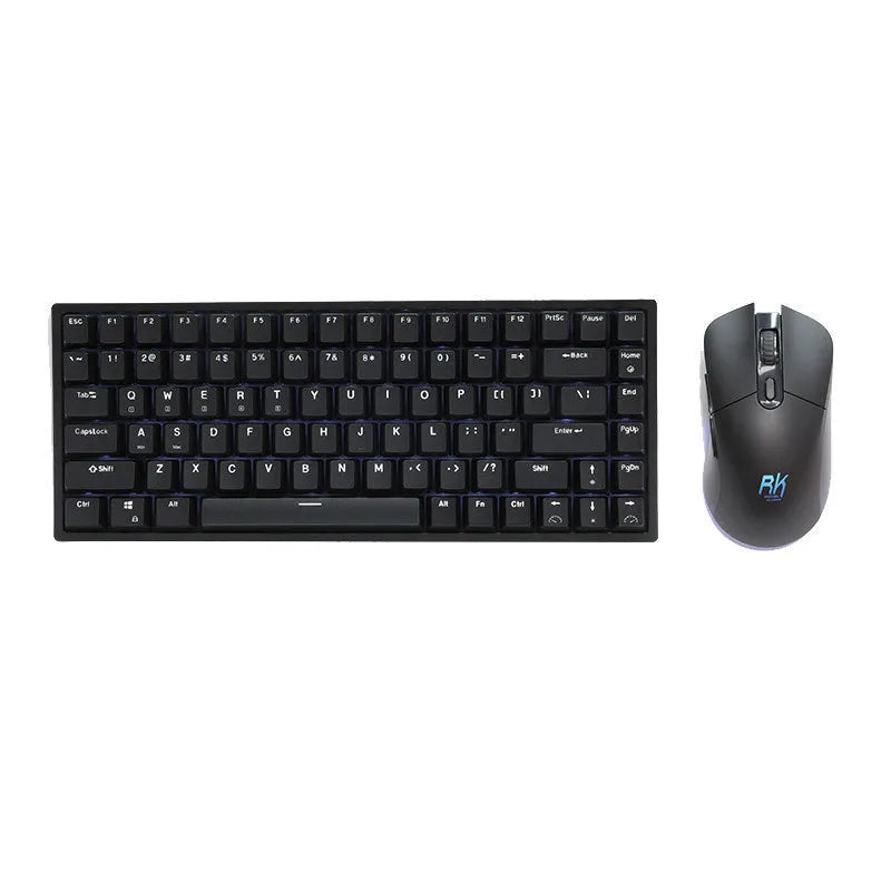 RK526 wireless mechanical keyboard and mouse set with USB transmitter and charging cable.