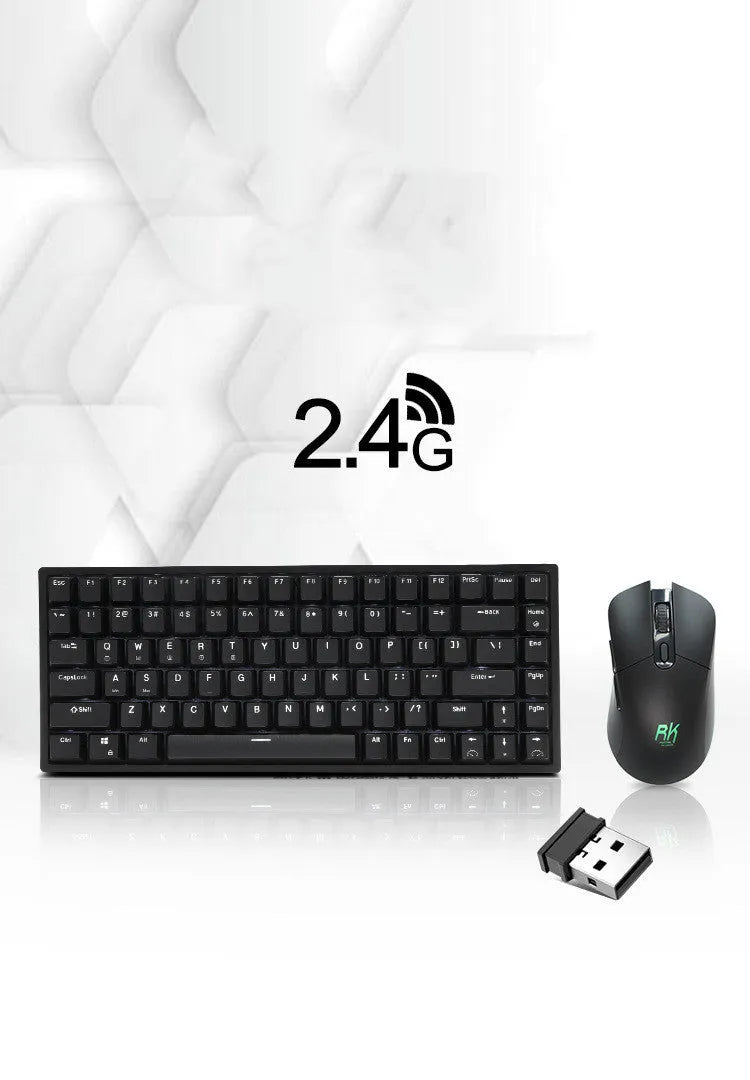 RK526 wireless mechanical keyboard and mouse set with USB transmitter and charging cable.