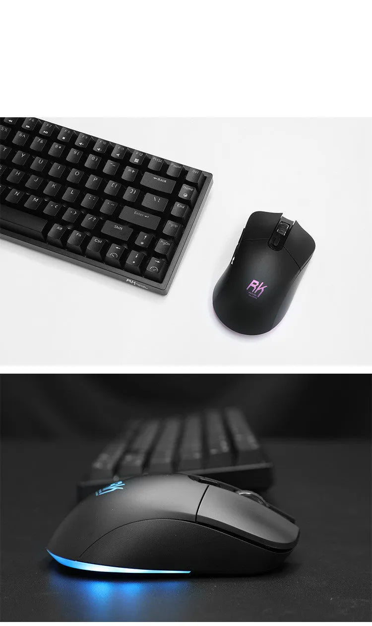 RK526 wireless mechanical keyboard and mouse set with USB transmitter and charging cable.