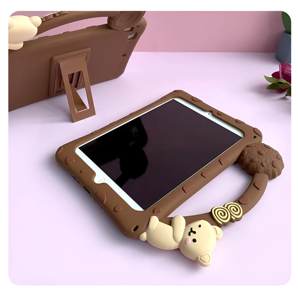 Brown cartoon design silicone case with built-in stand for iPad, showing port cutouts.