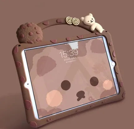 Brown cartoon design silicone case with built-in stand for iPad, showing port cutouts.