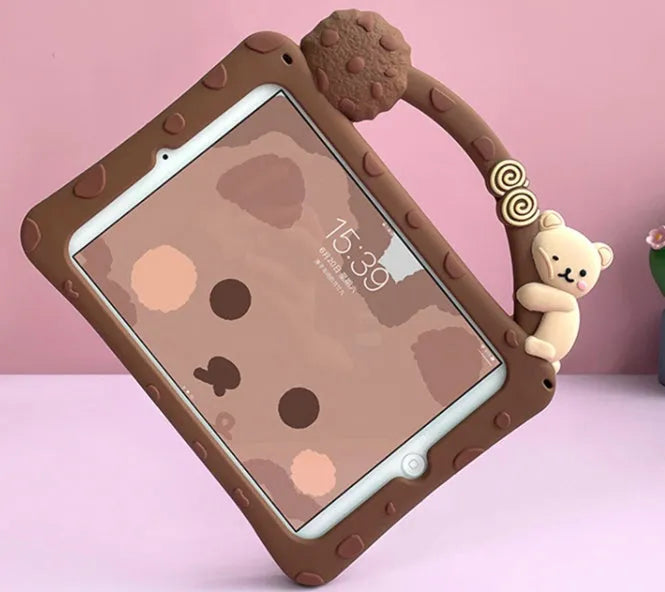 Brown cartoon design silicone case with built-in stand for iPad, showing port cutouts.