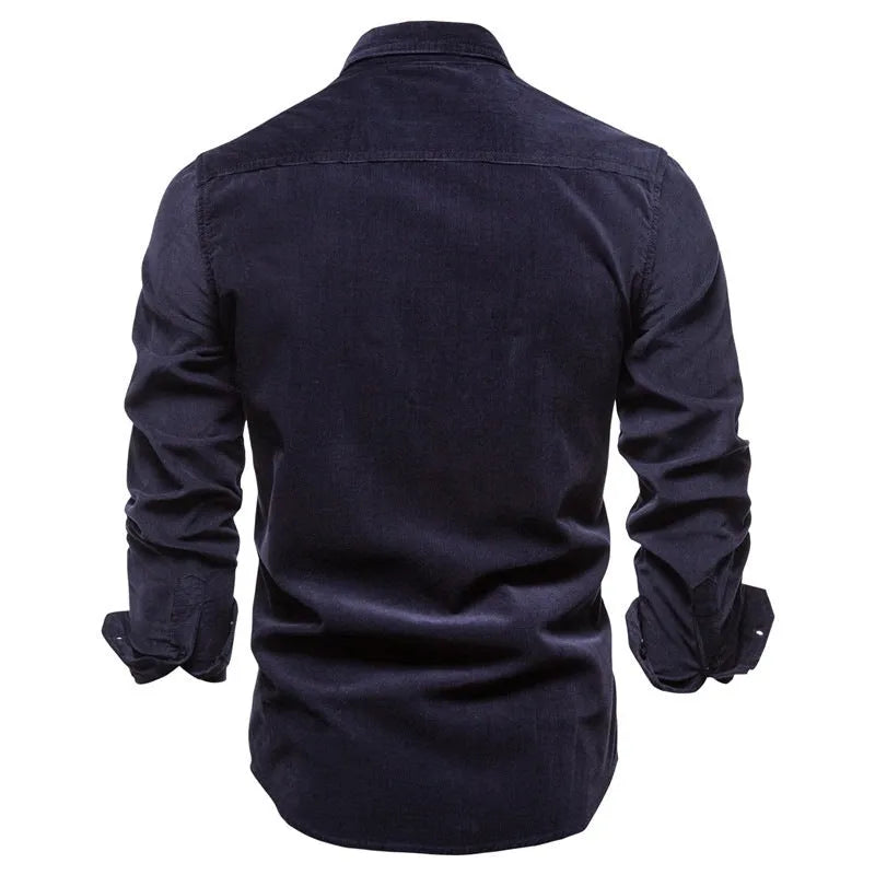 Men's long-sleeve casual linen shirt shown in Denim Blue, featuring a classic button-front design.