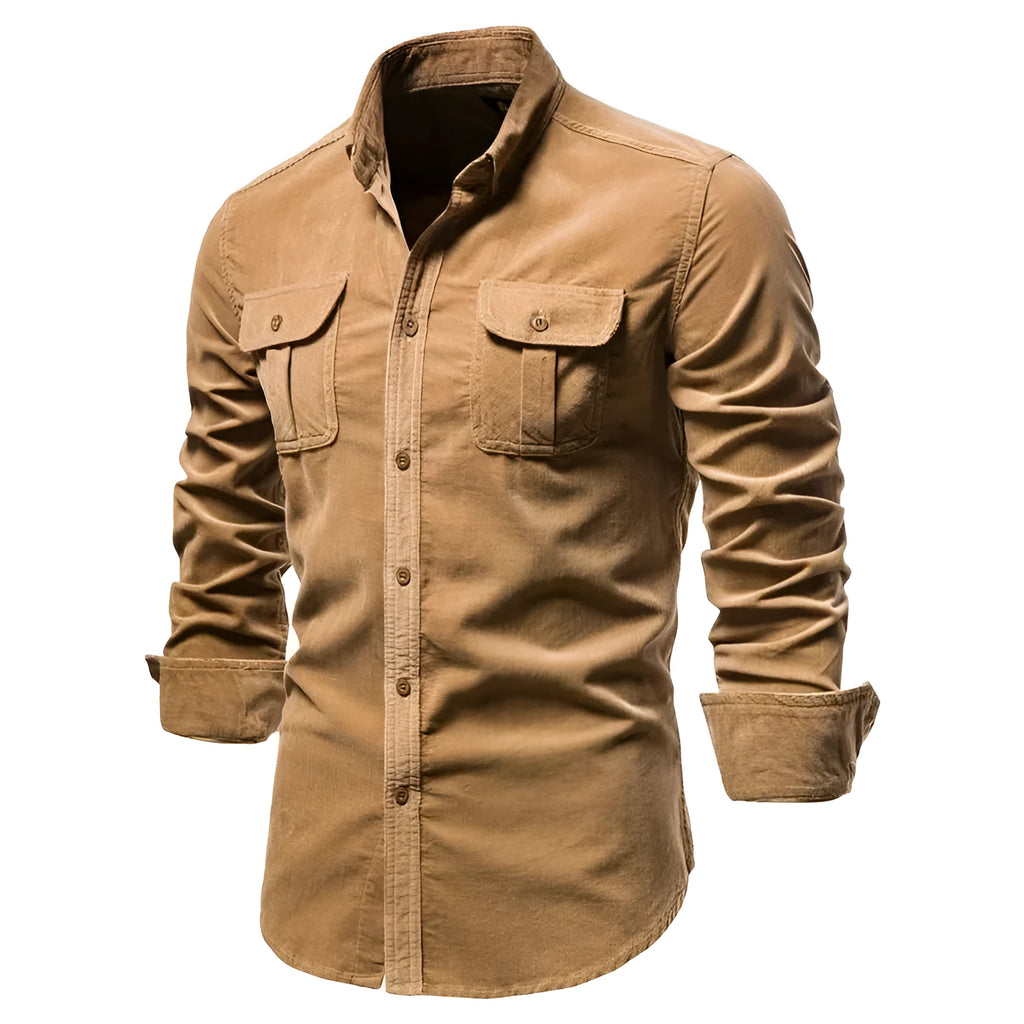 Men's long-sleeve casual linen shirt shown in Denim Blue, featuring a classic button-front design.