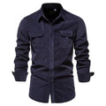 Men's long-sleeve casual linen shirt shown in Denim Blue, featuring a classic button-front design.