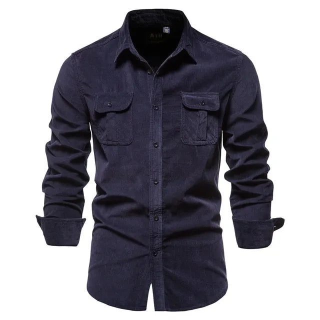 Men's long-sleeve casual linen shirt shown in Denim Blue, featuring a classic button-front design.