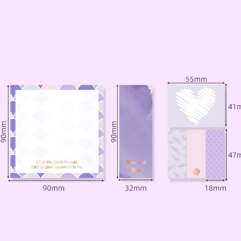 Purple Mermaid Series memo pads showing six different style books with self-adhesive pages