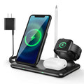 Black wireless charging station for Apple phone, watch and headphones with Type-C port