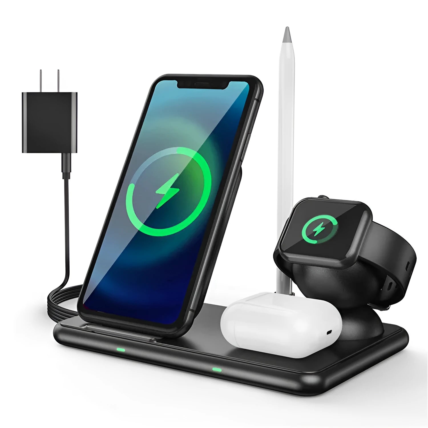 Black wireless charging station for Apple phone, watch and headphones with Type-C port