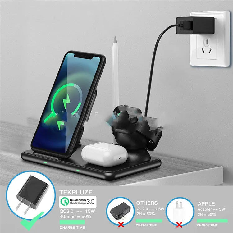 Black wireless charging station for Apple phone, watch and headphones with Type-C port