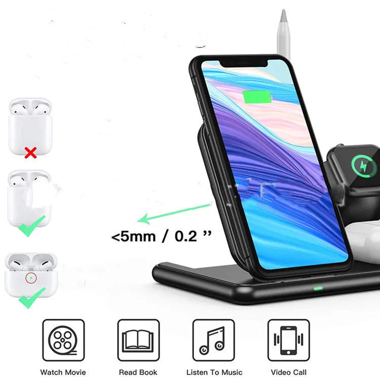 Black wireless charging station for Apple phone, watch and headphones with Type-C port