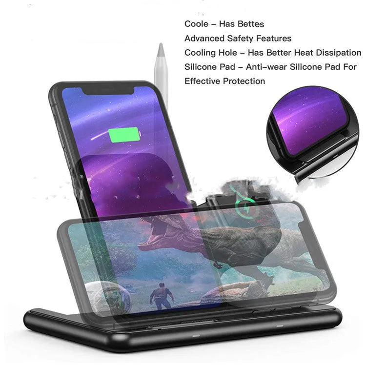 Black wireless charging station for Apple phone, watch and headphones with Type-C port