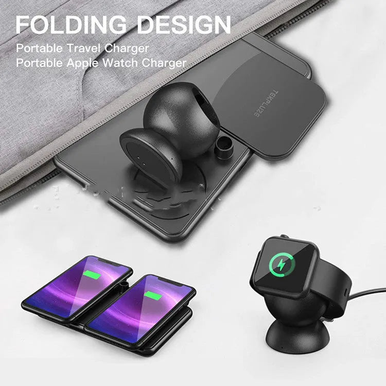 Black wireless charging station for Apple phone, watch and headphones with Type-C port