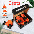 Four plastic 90-degree right angle clamps for woodworking and picture frame assembly