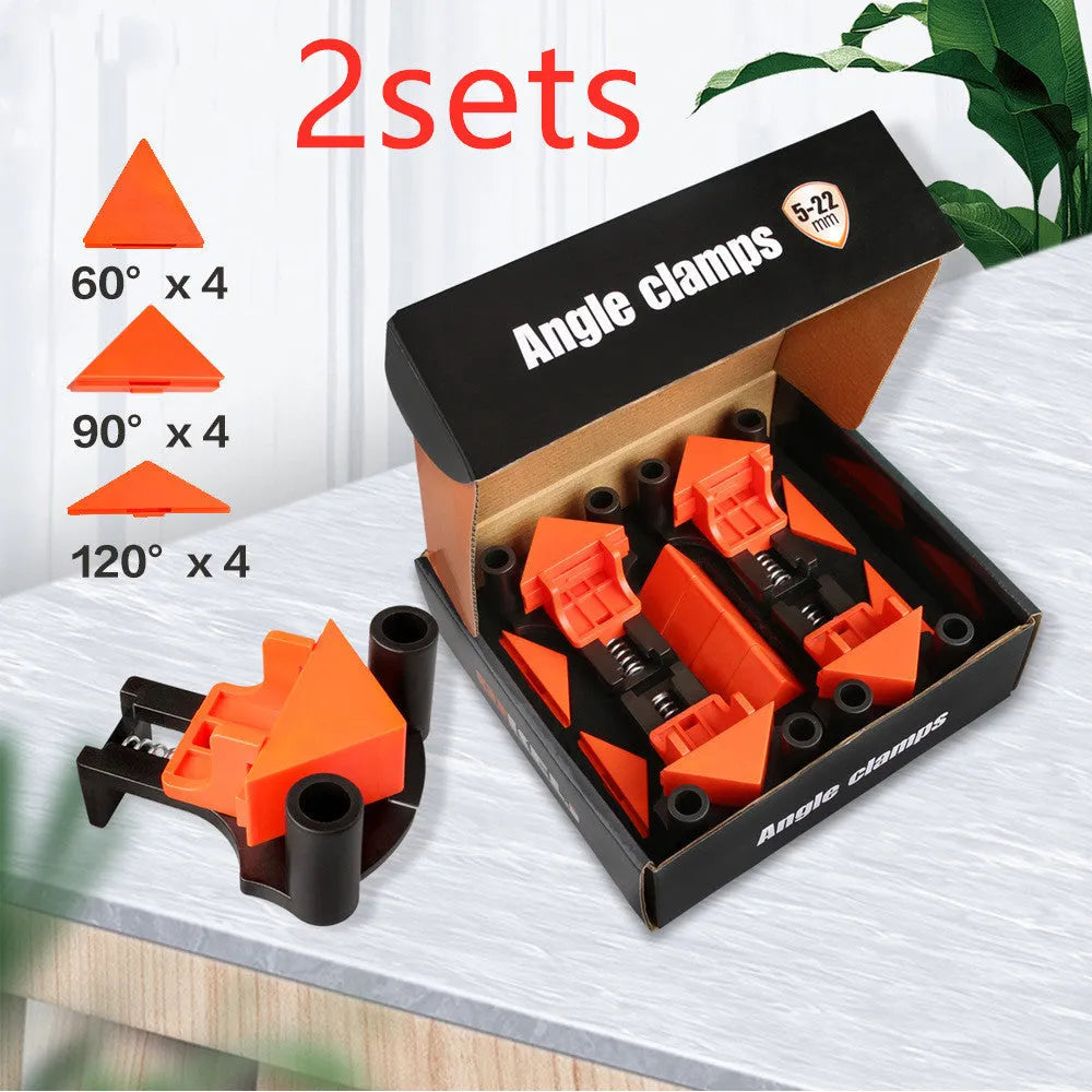 Four plastic 90-degree right angle clamps for woodworking and picture frame assembly