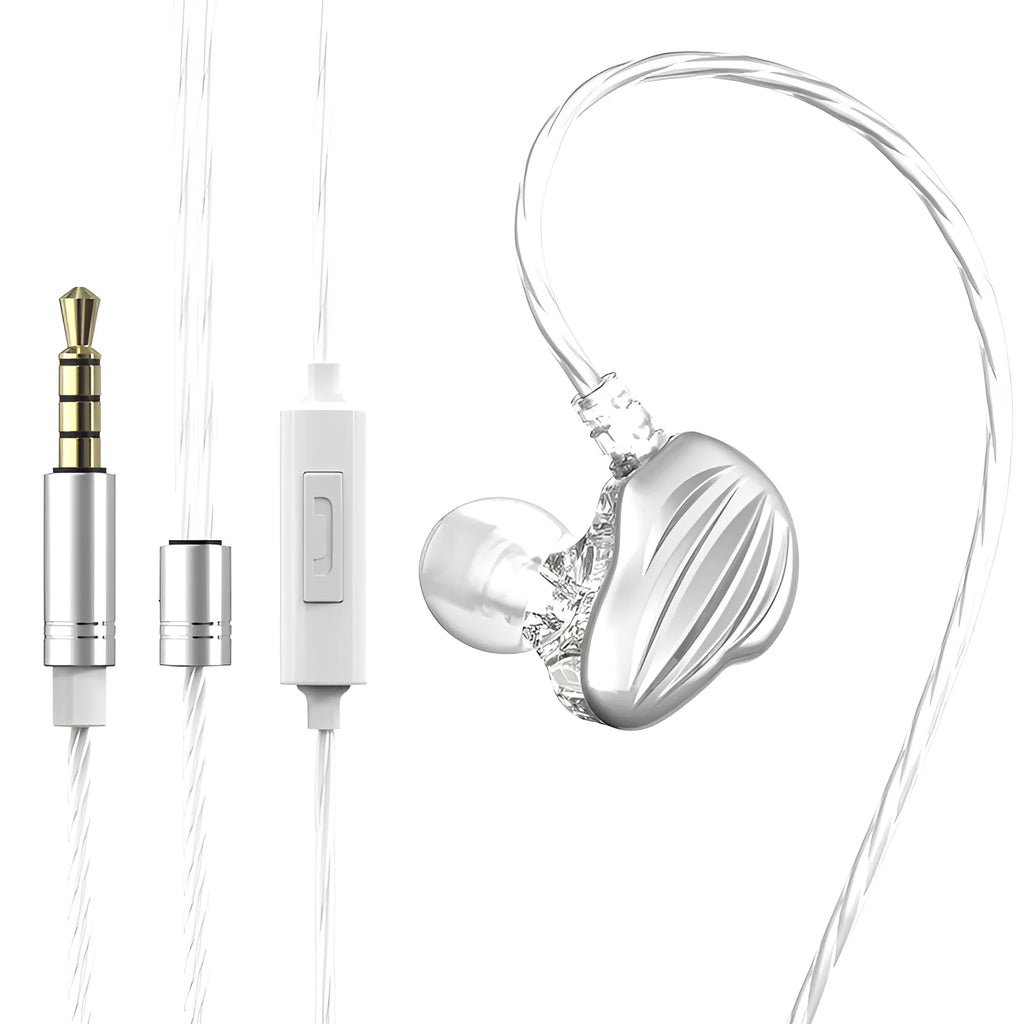 White in-ear sports headphones with black around-ear hook and 3.5mm plug on a red background.
