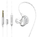 White in-ear sports headphones with black around-ear hook and 3.5mm plug on a red background.
