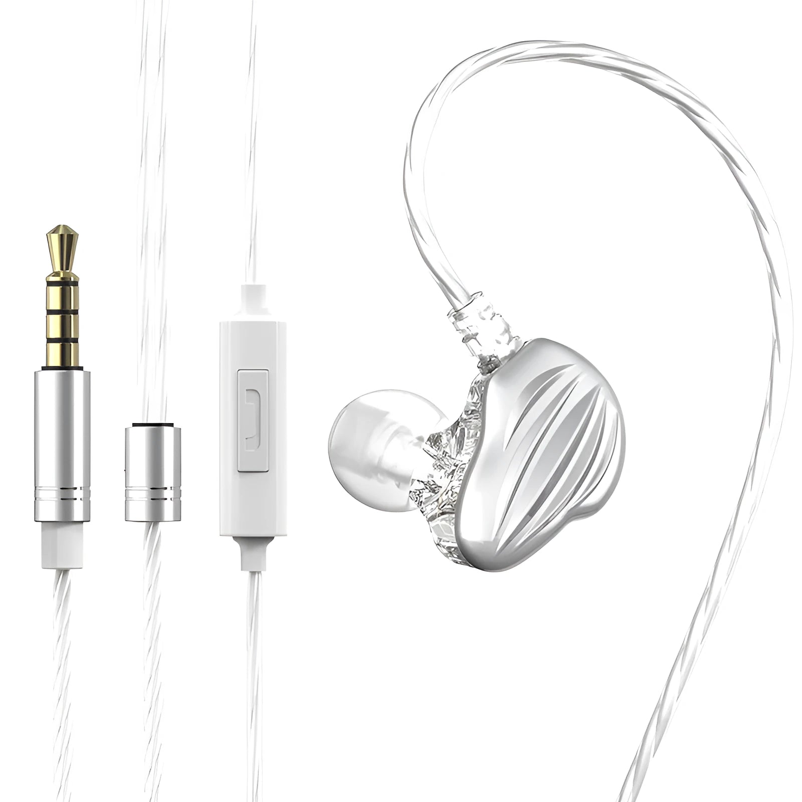 White in-ear sports headphones with black around-ear hook and 3.5mm plug on a red background.