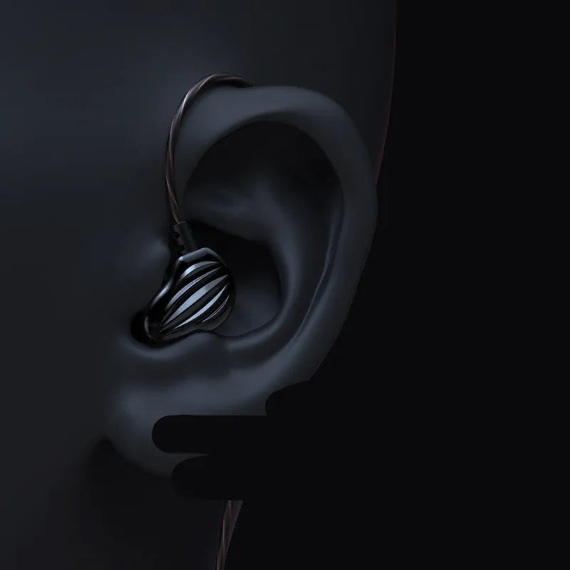 White in-ear sports headphones with black around-ear hook and 3.5mm plug on a red background.