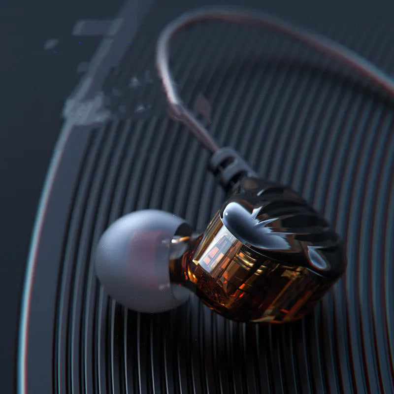 White in-ear sports headphones with black around-ear hook and 3.5mm plug on a red background.