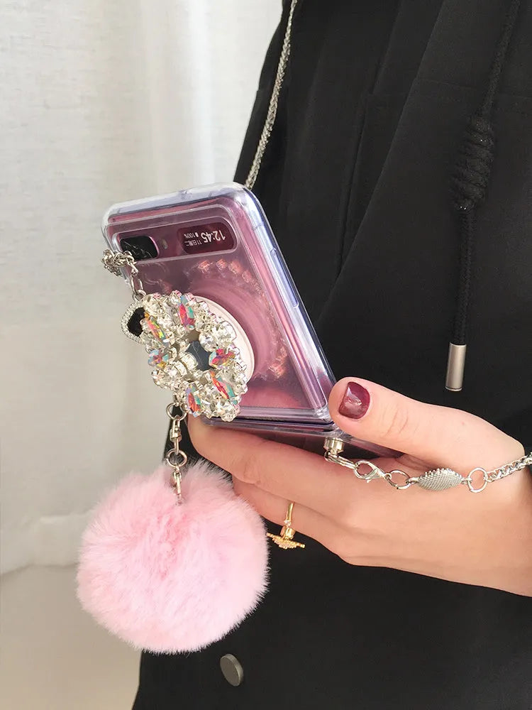 Samsung Galaxy Z Flip phone case with diagonal diamond hair powder cartoon design