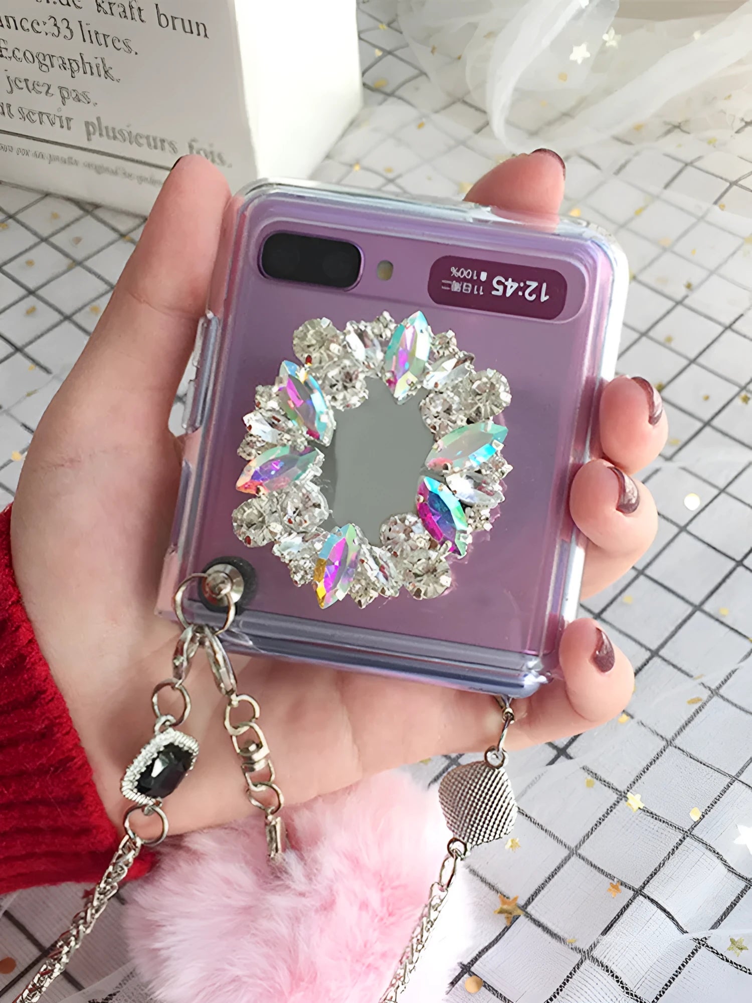 Samsung Galaxy Z Flip phone case with diagonal diamond hair powder cartoon design
