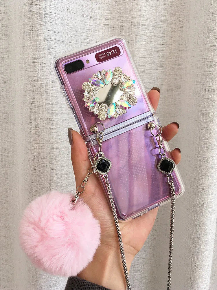 Samsung Galaxy Z Flip phone case with diagonal diamond hair powder cartoon design