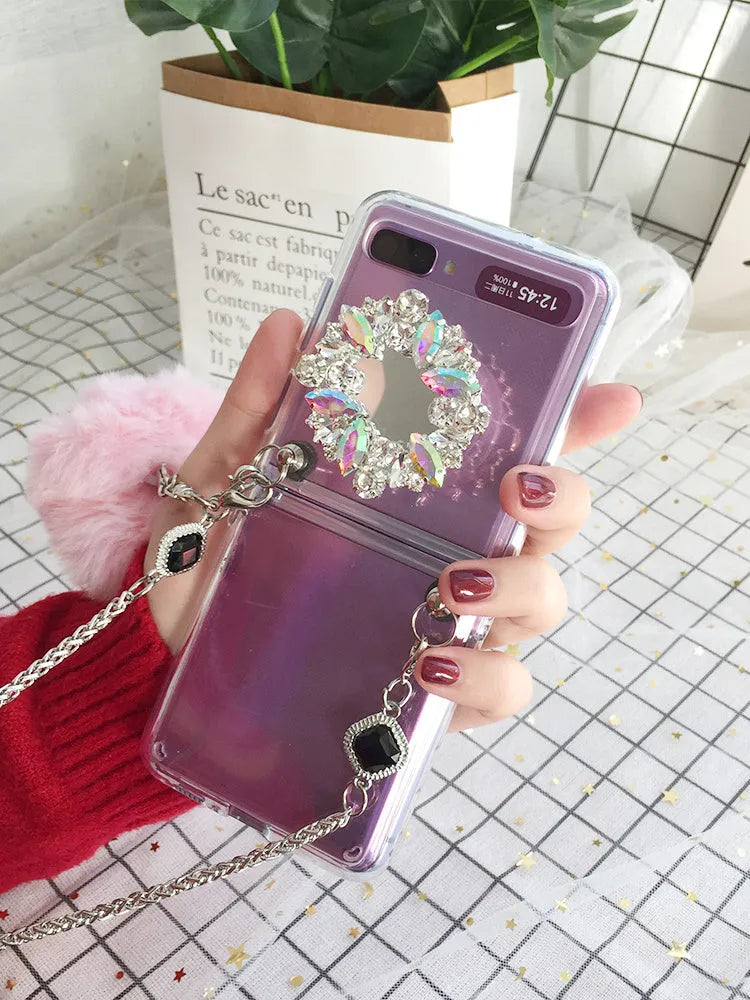 Samsung Galaxy Z Flip phone case with diagonal diamond hair powder cartoon design