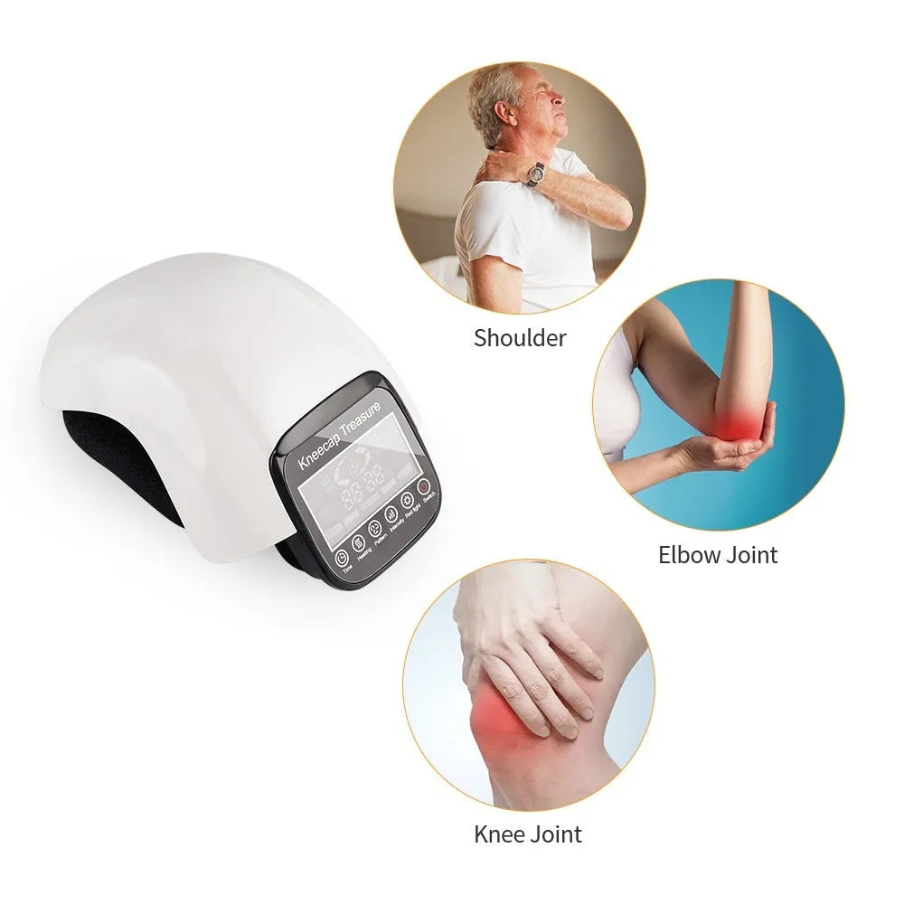 White electric heating knee pad massager with ABS plastic body and USB cable on a neutral background