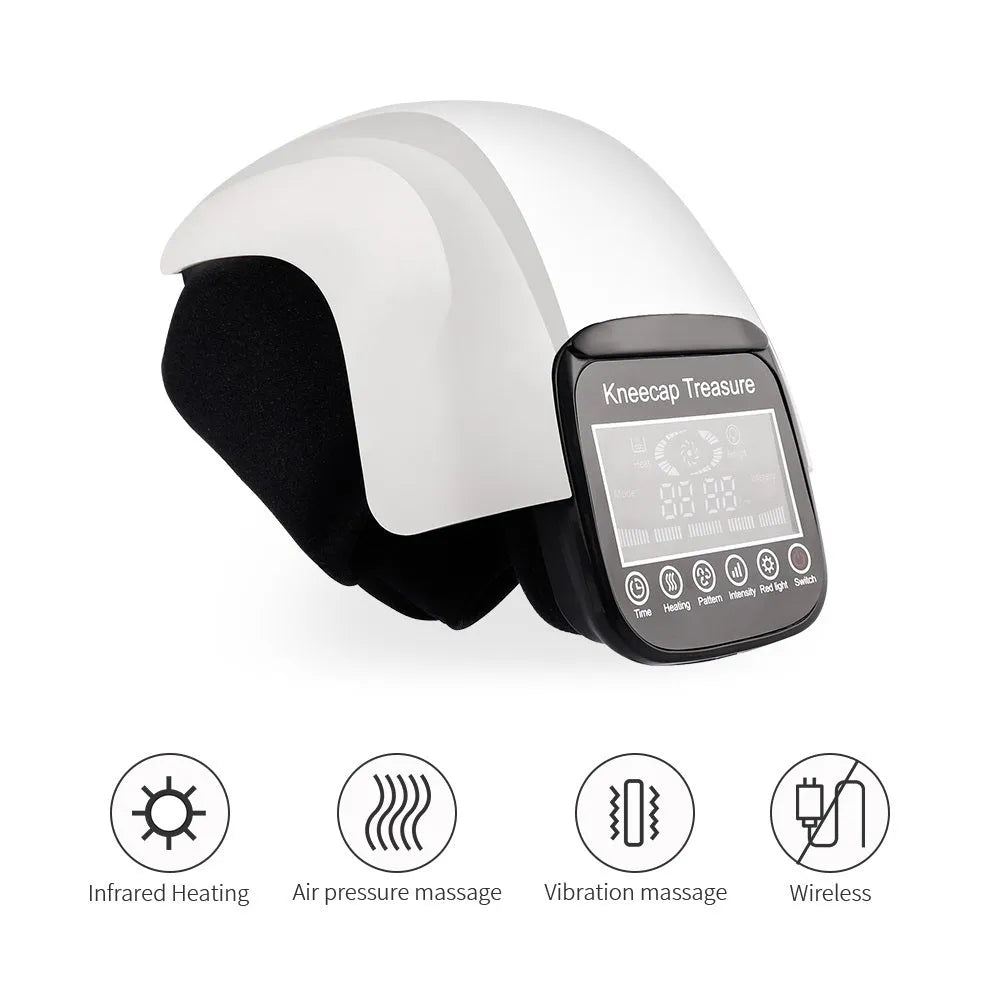 White electric heating knee pad massager with ABS plastic body and USB cable on a neutral background