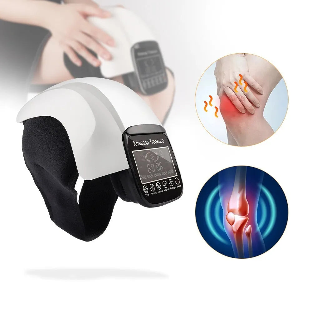 White electric heating knee pad massager with ABS plastic body and USB cable on a neutral background
