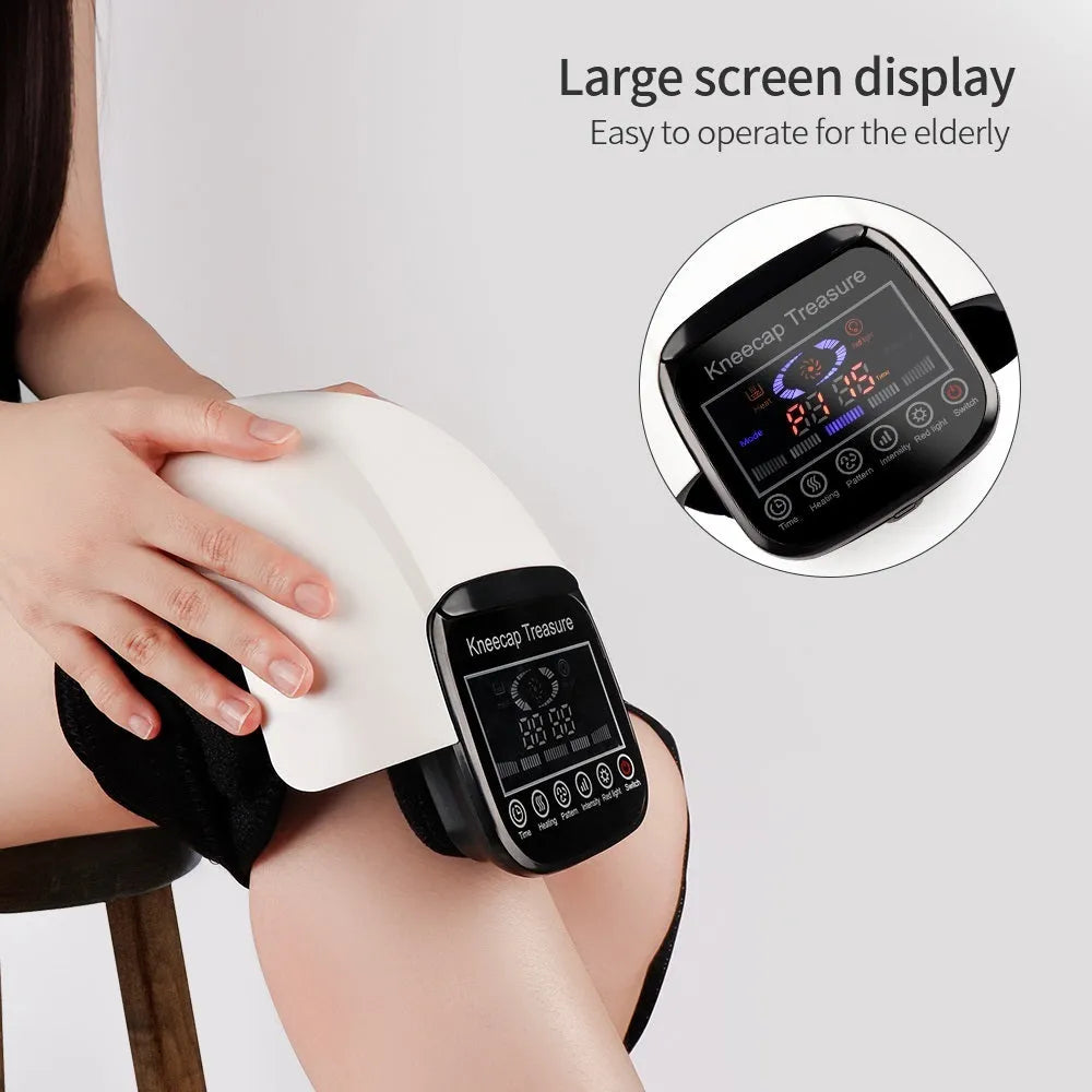 White electric heating knee pad massager with ABS plastic body and USB cable on a neutral background