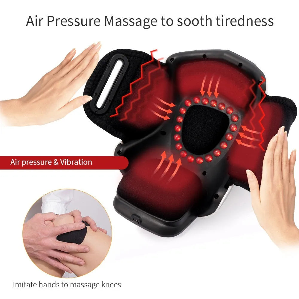 White electric heating knee pad massager with ABS plastic body and USB cable on a neutral background