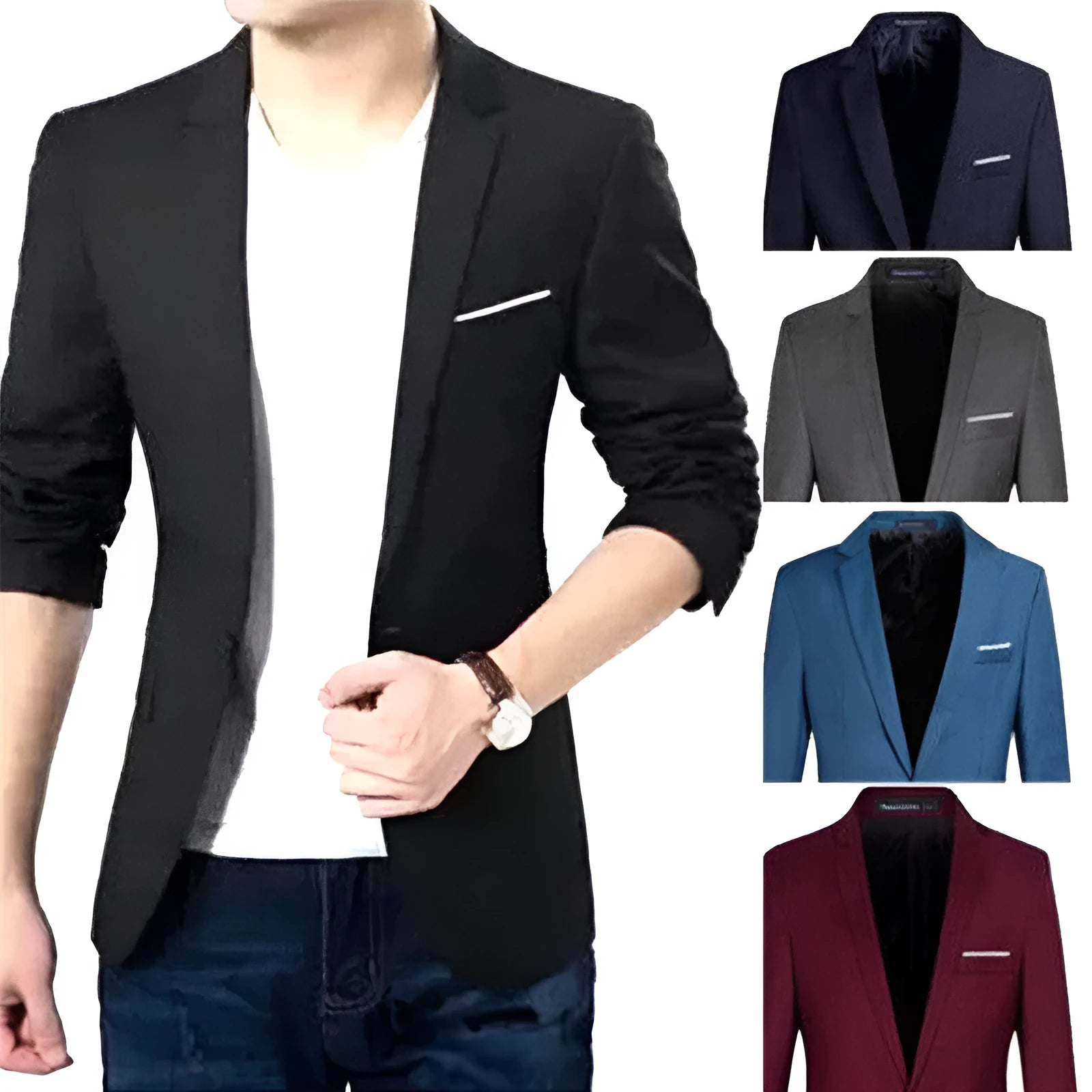 Men's slim fit blazer jacket black stand-up collar three-quarter sleeve cotton blend Korean style size chart included