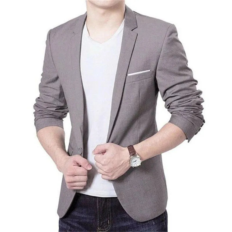 Men's slim fit blazer jacket black stand-up collar three-quarter sleeve cotton blend Korean style size chart included