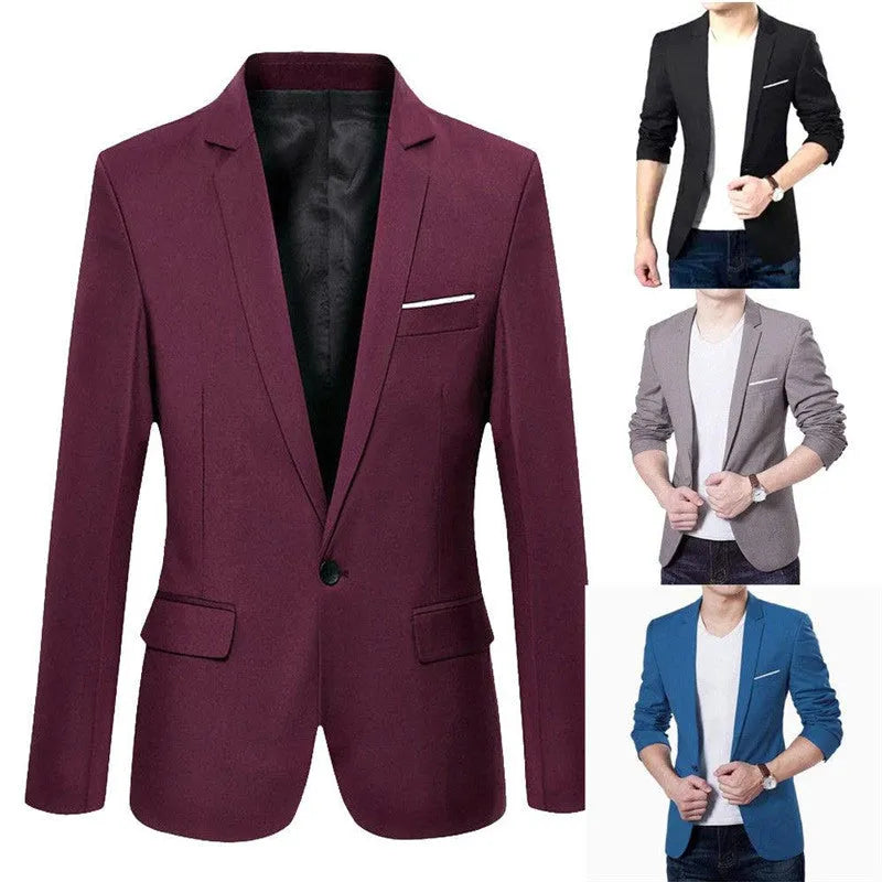 Men's slim fit blazer jacket black stand-up collar three-quarter sleeve cotton blend Korean style size chart included