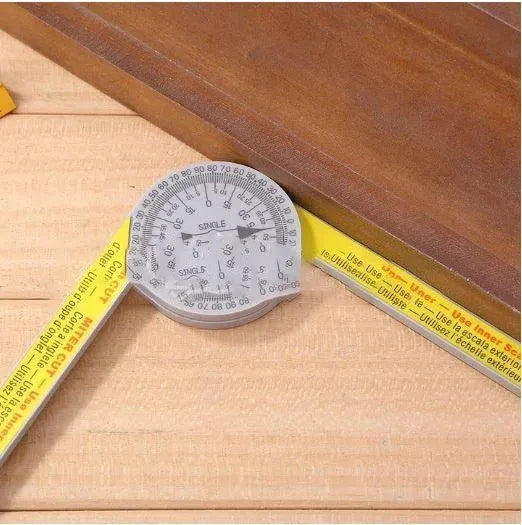 Yellow and white cross-border horizontal angle ruler with laser engraving scales for miter saw angle transfer