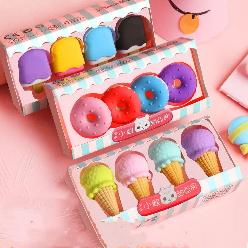Set of 12 colourful cartoon erasers shaped like ice cream cones, donuts, and lollipops for children.